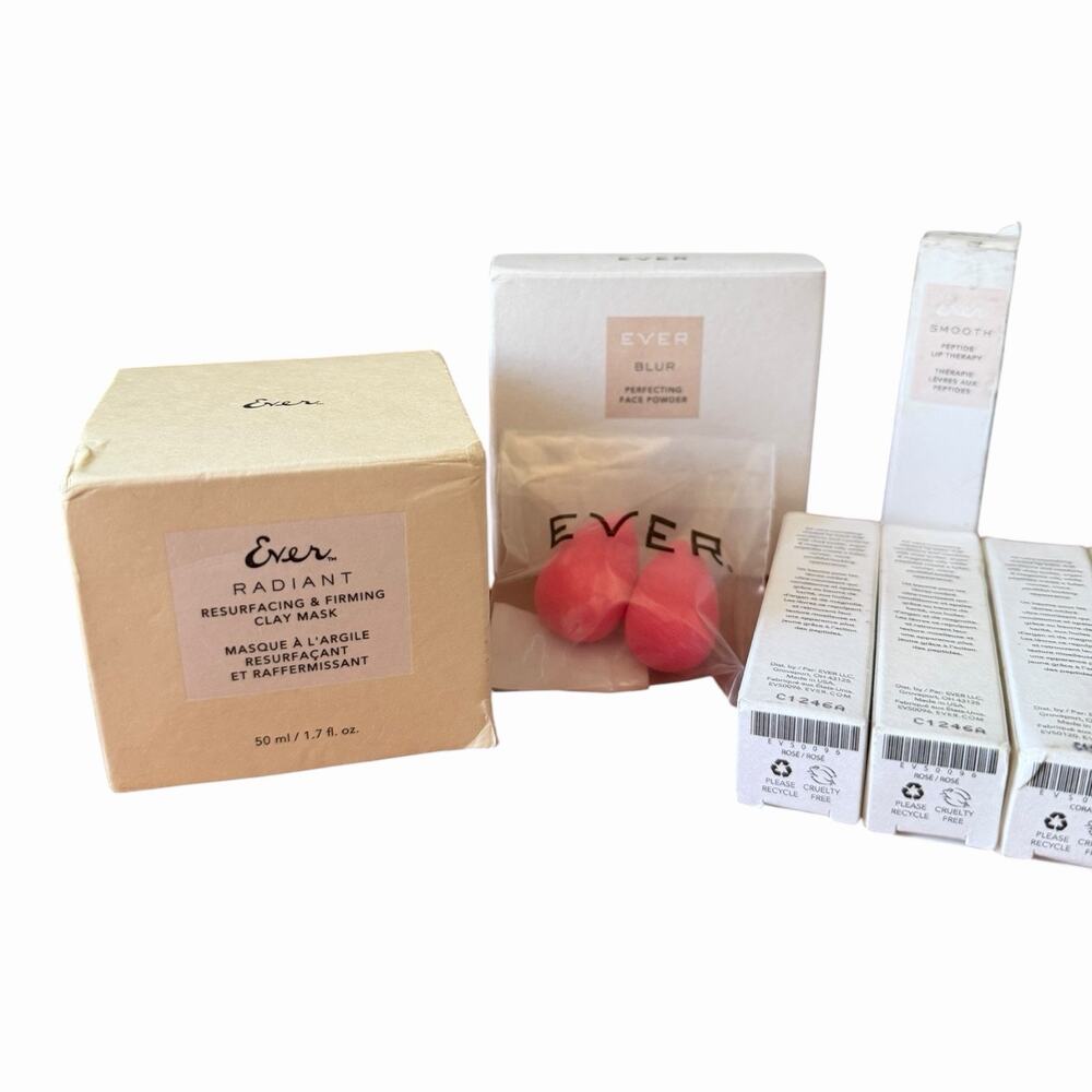 EVER Skincare Makeup Bundle NIP Clay Mask Powder Lip Therapy Set Hyaluronic VitC - Picture 2 of 16